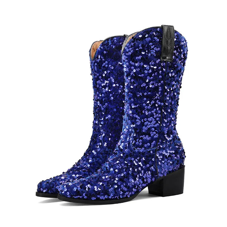 Women Sexy Western Boots Bling Bling Trends Party Chunk Heels Lady Shoes Fashion Pointed Nightclub Female Sequin Mid-Calf Boots