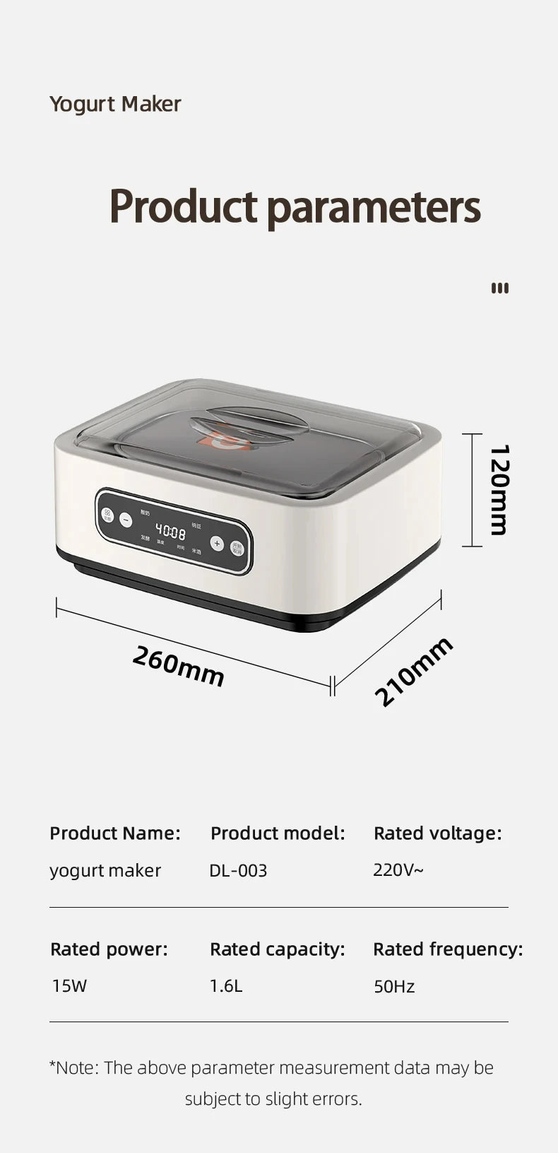 1.6L Yogurt Maker Multi-functional Ice Cream Automatic Professional Adjustable Temperature Time Yogurt Maker Pudding Maker 220V