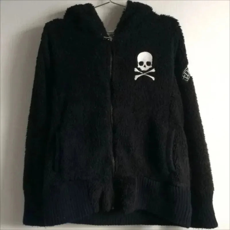 Lamb Wool Jackets Women Gothic Y2k Hoodies Cross Skull Grunge Zipper Sweatshirts Vintage Casual Hooded Coats Harajuku Streetwear