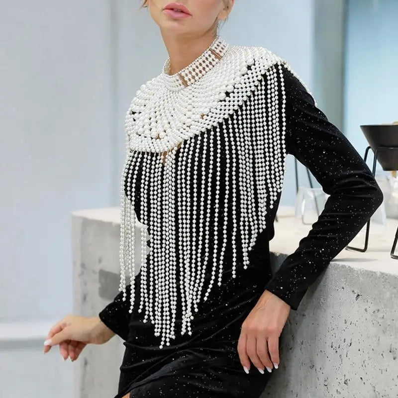 P9FE Fringed Pearls Shawl Wrap for Female Shoulder Chain Necklace Elegant Bride Shawl Formal Dress Shoulder Wrap Body Chain