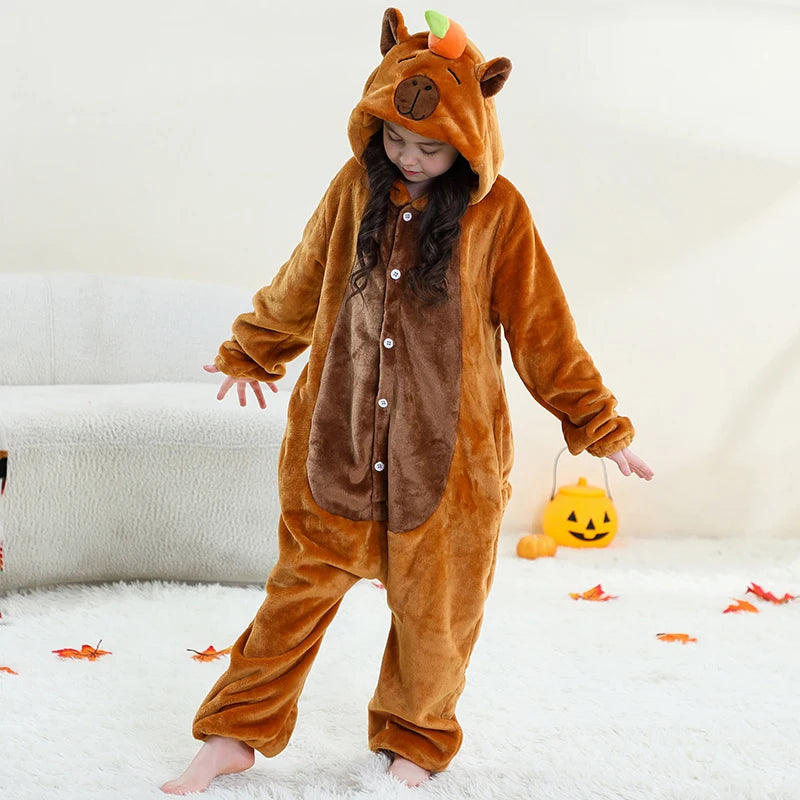 Kids Animal Capybara Kigurumi Costume Cosplay Cartoon Jumpsuit for Children Halloween Christmas Girls Boys Hooded Pajamas Onesie