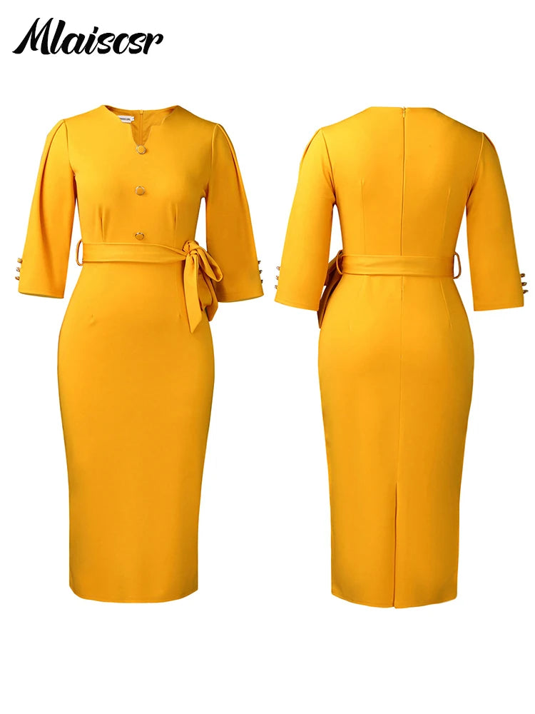 Mlaiscsr Fashion Slim Midi Dress Women Autumn Casual V-Neck Lace-up Long Sleeve Pencil Dresses Elegant Office Work African Robe