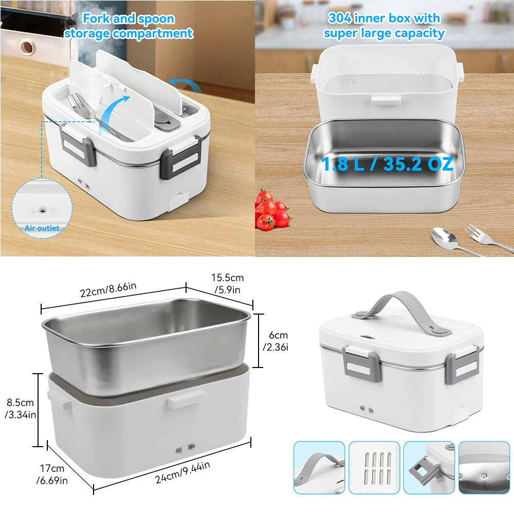 Electric Lunch Box 80W 1.8L Portable Food Warmer Stainless Steel Detachable Heating Bowl Large Capacity For Car Or Home