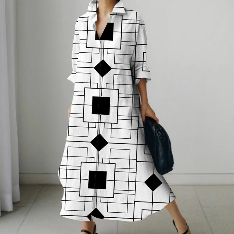 Women's Shirt Dress 2023 Trendy Patchwork Vintage Spot Print Shirt Fall Out Office Dress Loose Casual Lapel Pocket S-5Xl