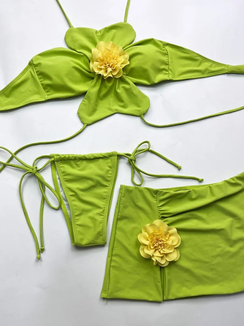 Neck Bikini with Skirt 3D Flowers Halter Bikini Female Swimsuit Women Swimwear 3 Piece Bikini Set Bather Bathing Suit Swim