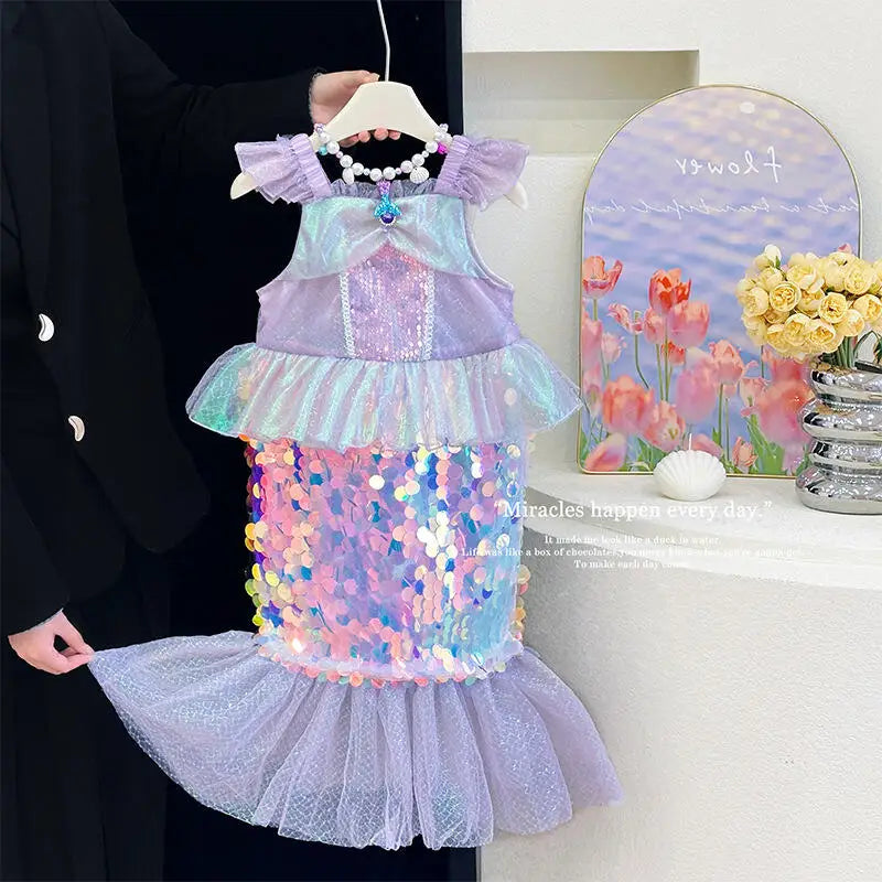 Mermaid Princess Dress Carnival Birthday Party Dress Halloween Mermaid Costume Girl Princess Costume Sequined Fishtail Skirt