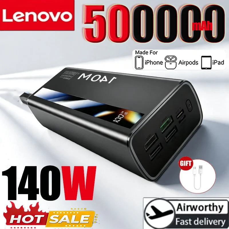Lenovo CCC 500000mAh 140W Powerbank Super Fast Charging Portable Battery Charger Ultra Capacity LED Digital Display