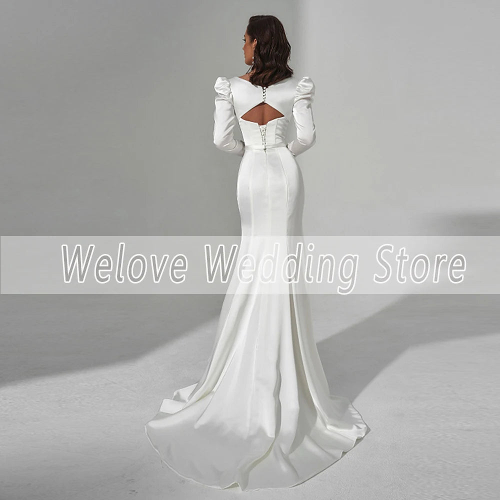 Civil Long Puff Sleeve Mermaid Wedding Dress Sweetheart Side Slit Beach White Satin Bridal Gown For Bride Corset Robe De Mariee