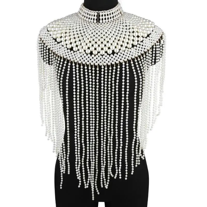 P9FE Fringed Pearls Shawl Wrap for Female Shoulder Chain Necklace Elegant Bride Shawl Formal Dress Shoulder Wrap Body Chain