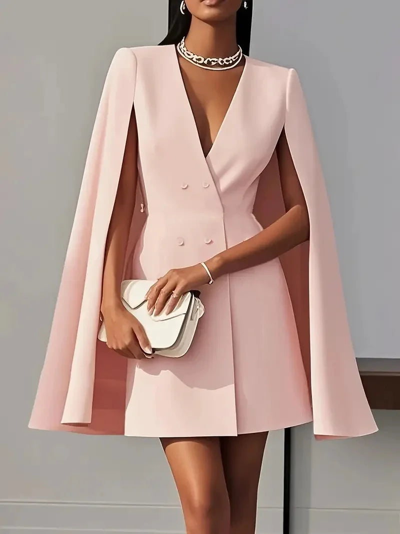 2025 Autumn Solid Color Blazer Dresses Woman Double Breasted Decoration A-Line Office Dress Lady Elegant Party Shawl Cape Dress