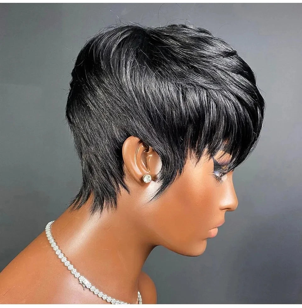 Short Pixie Cut Wig Human Hair Ready to Wear Brazilian Human Hair Bob Wig for Women Black Color Full Machine Short Straight Wigs