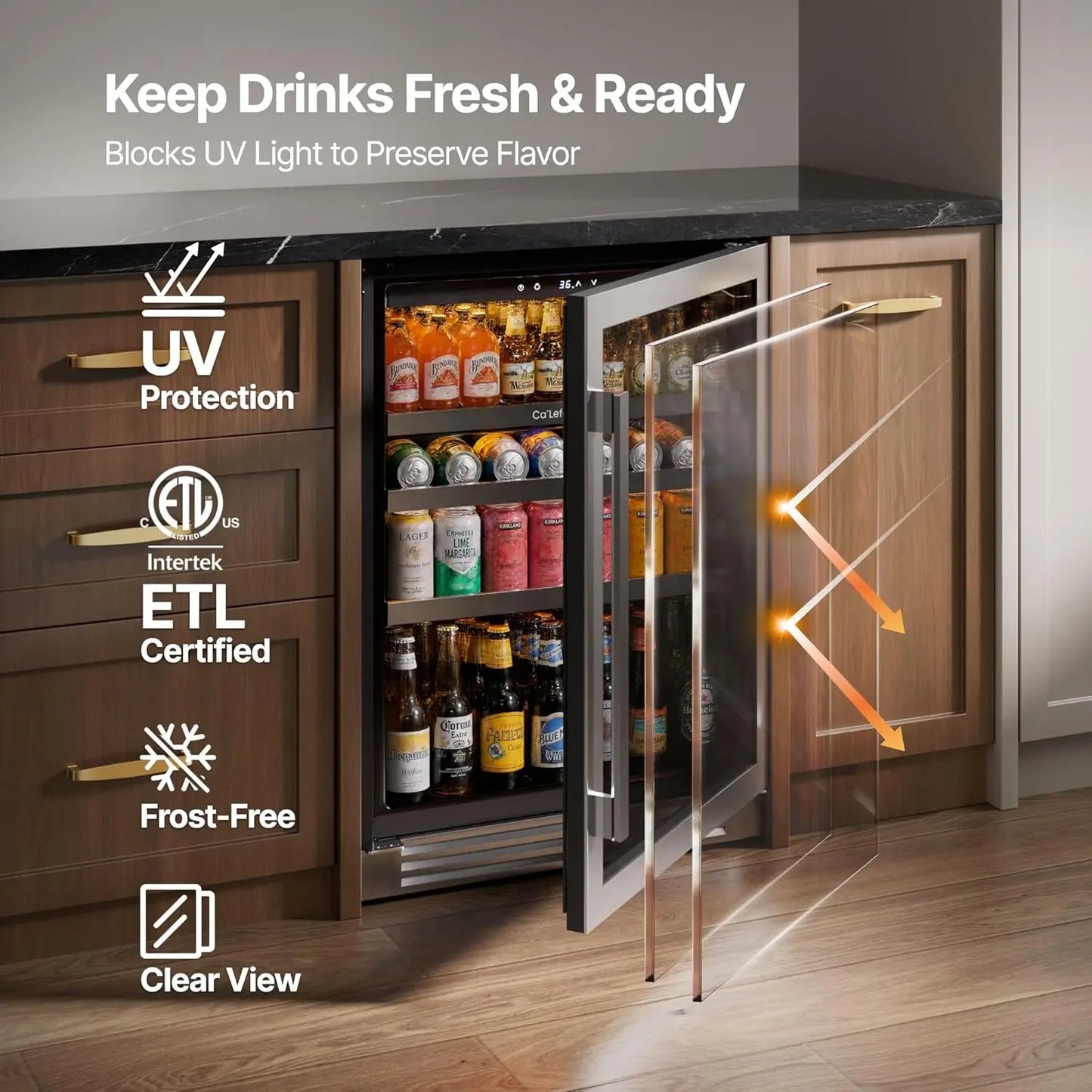 Beverage Refrigerator 24 Inch, 180 Cans Mini Fridge with Double Glass Door, Built-in or Freestanding Drink Cooler with, Custom