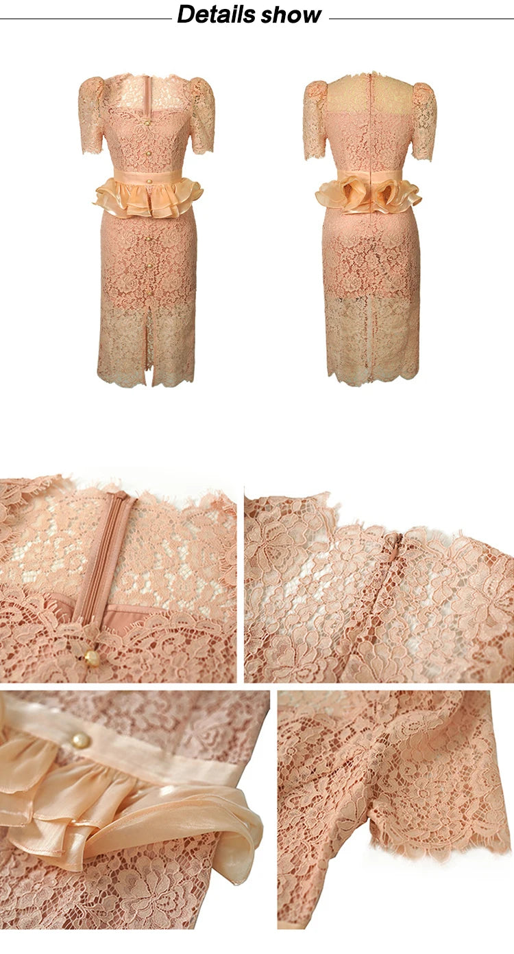 New Summer Elegant Women Evening Dress Chic Lace Pink Sheer Sexy Low Cut Ruffle Slim Midi Pencil Party Prom Femme Mujer Vestidos