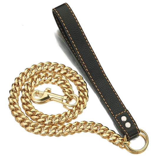 Stainless Steel Gold Chain Dog Leash Metal Chew Proof Heavy Duty Dog Leash Chain with Leather Padded Handle for Large Medium Dog