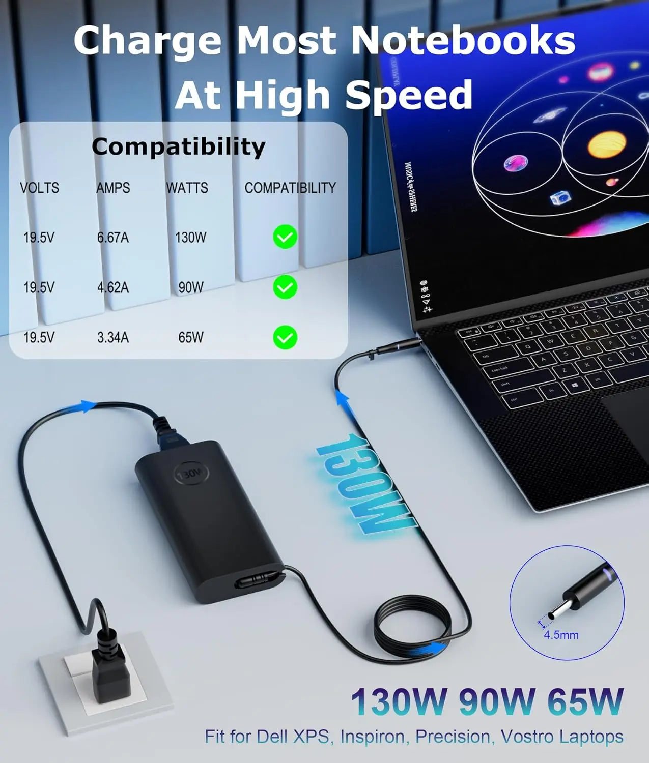 19.5V 6.67A 130W 4.5*3.0 AC Laptop Adapter Charger For DELL XPS 15 9530 9550 9560 Precision 15 5520 5530 M5510 M5520 M3800