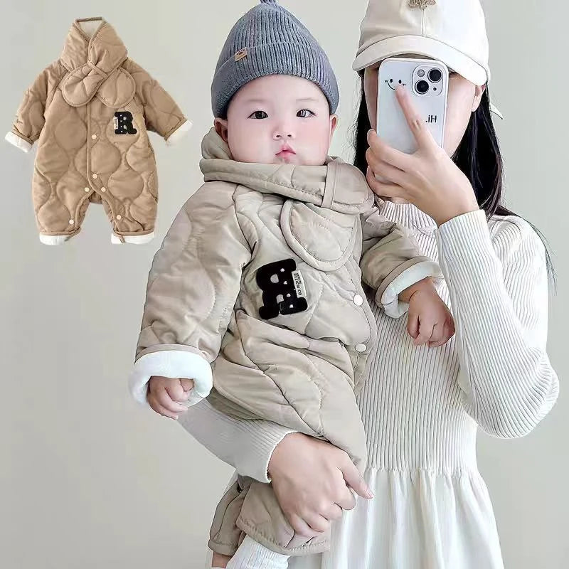 Baby Boy Autumn-Winter Thickened Romper with Scarf - Cute Letter Print Long Sleeve Onesie, Halloween Outdoor Warm Jumpsuit