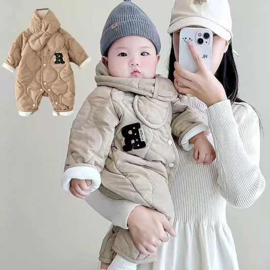 Baby Boy Autumn-Winter Thickened Romper with Scarf - Cute Letter Print Long Sleeve Onesie, Halloween Outdoor Warm Jumpsuit