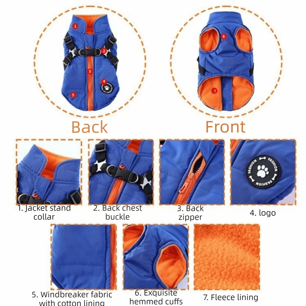Waterproof Adjustable Dogs Down Clothes Thicken Warm Winter Dog Clothes Soft with Harness Dog Coat for Dogs Cats