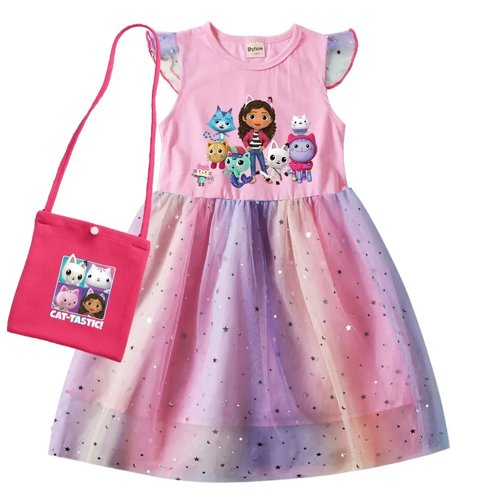 2024 Girls Summer Dresses Gabbys Dollhouse Girls Cat Tastic Costumes Kawaii Kids Birthday Party Princess Dress with Headwear Bag