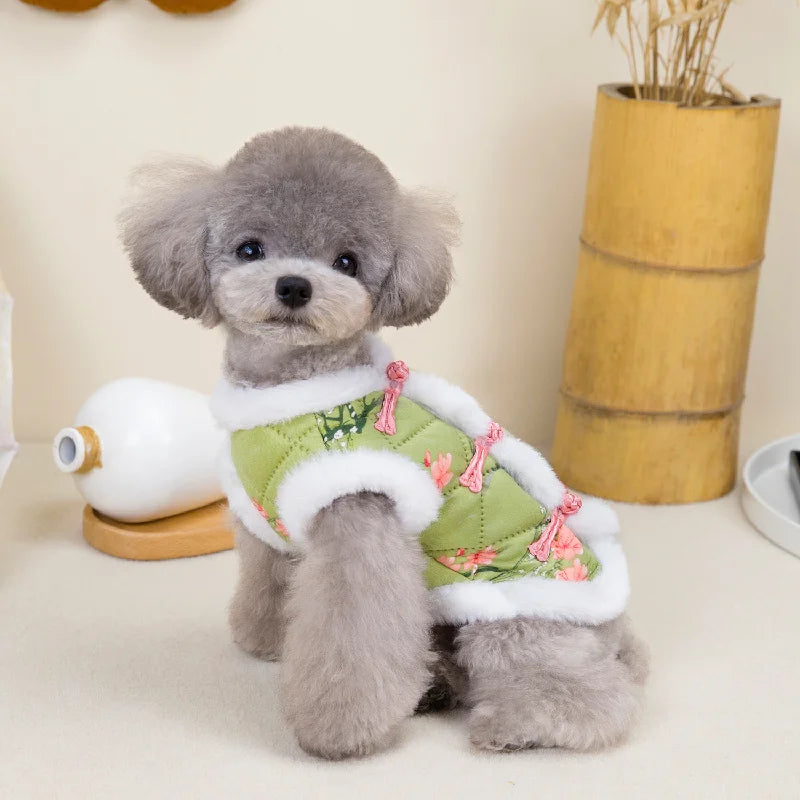 Vintage Pet Winter Warm Coat Puppy Clothes for Small and Medium Doggy Pomeranian Chihuahua Jacket With Flower Outdoor Clothing