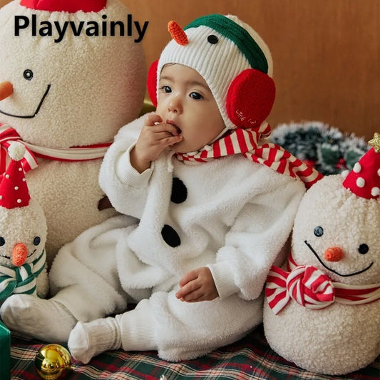 2025 New Christmas Onesie Baby Girls Boys White Fleece Warm Rompers Jumpsuit+Scarf+Cute Snowman Hat Toddler Xmas Outfits A8198