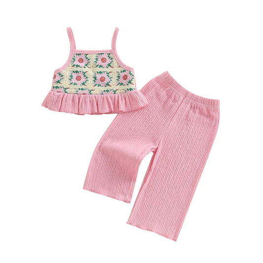 Toddler Girl Crochet Outfit Crochet Floral Crop Top Sleeveless Camisole Ruffle Top and Pant Set Baby Summer Clothes