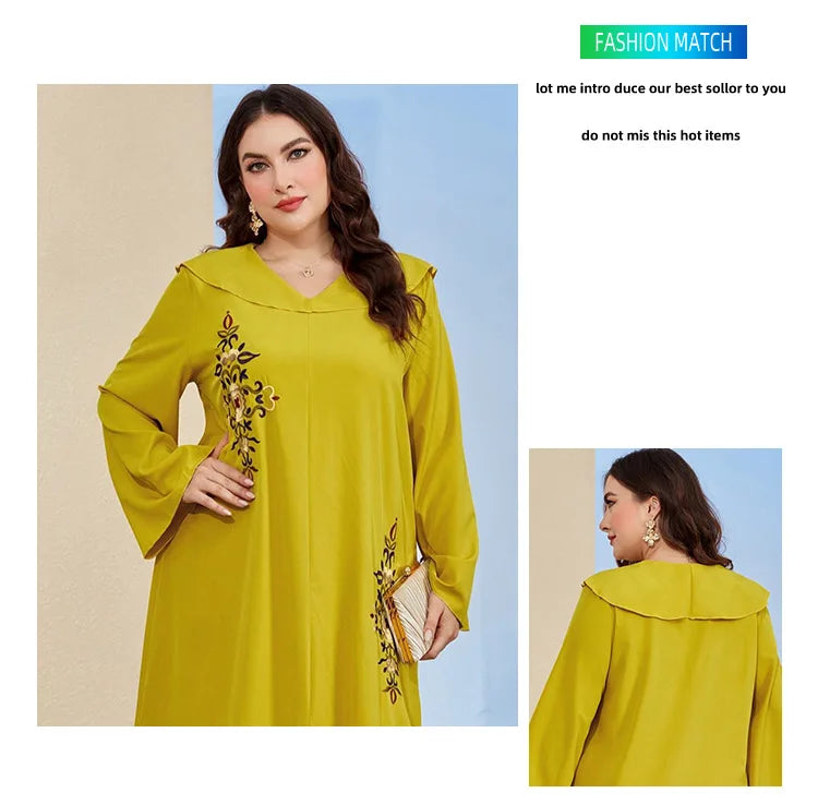 Long Sleeves Embroidered Abayas for Women Loose Casual Dress Plus-size Women's Dress Temperament Printed Muslim Dress Streetwear