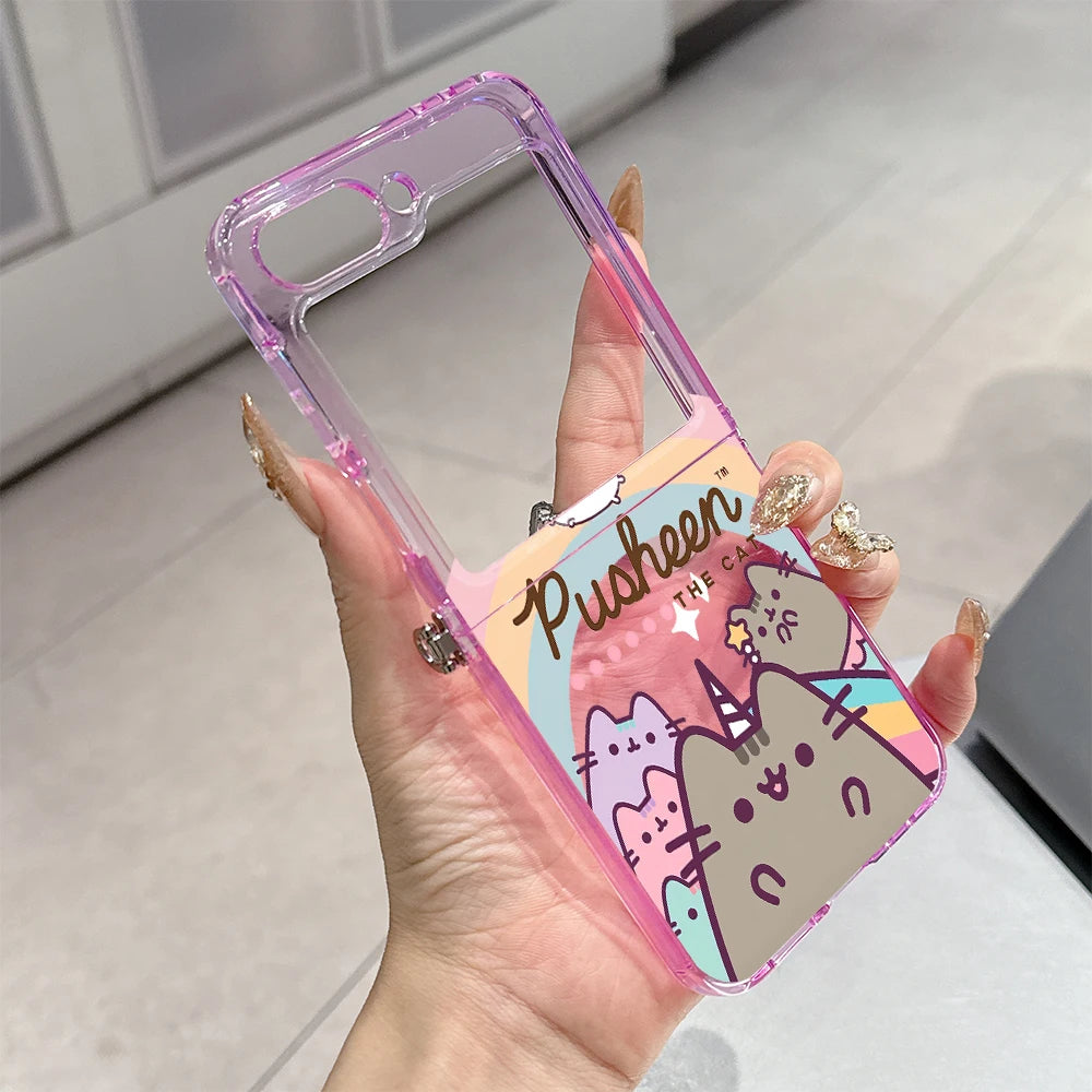 Cute Cartoon Funny Donuts P-Pusheens Cat Phone Case for Motorola Moto Razr 40 50 60 Ultra 5G Semi-transparent Foldable TPU Cover