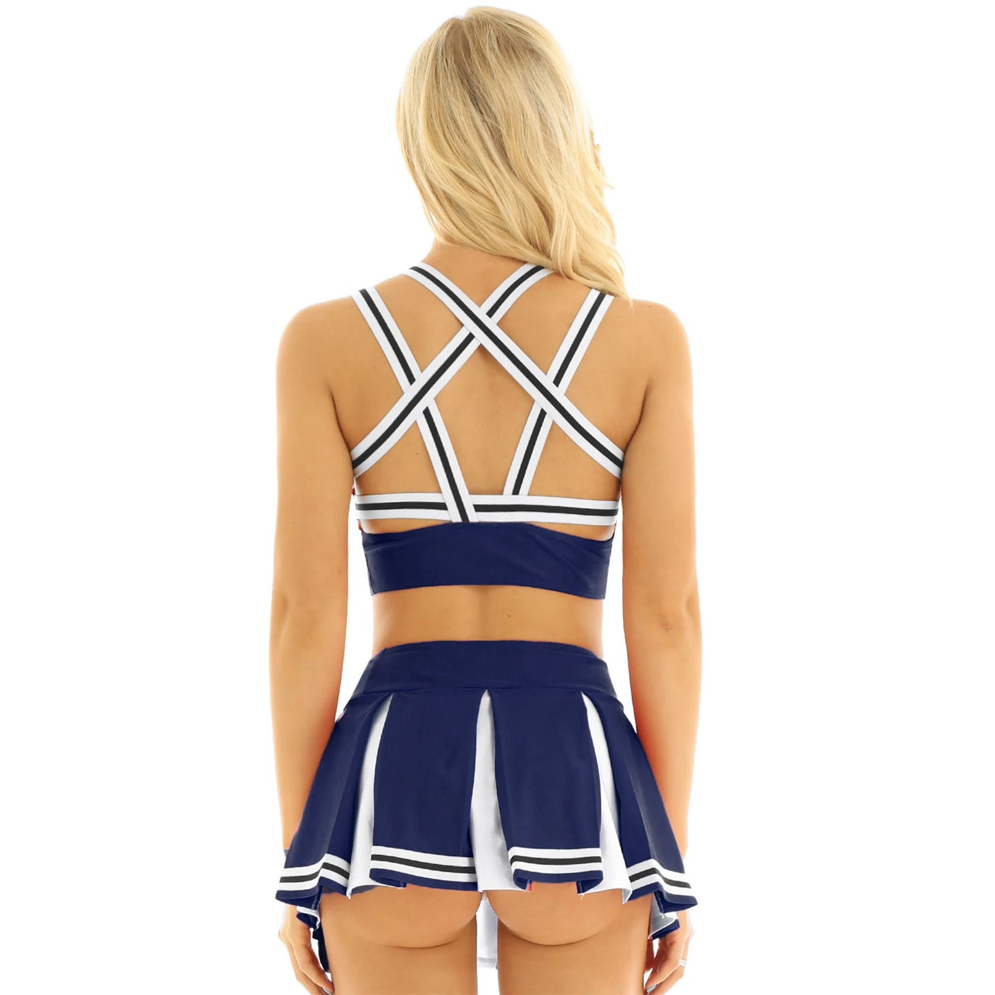 Women's Cheerleader Cosplay Costume Uniform Outfit Stand Collar Crop Top with Mini Pleated Skirts Carnival Cheerleading Suit