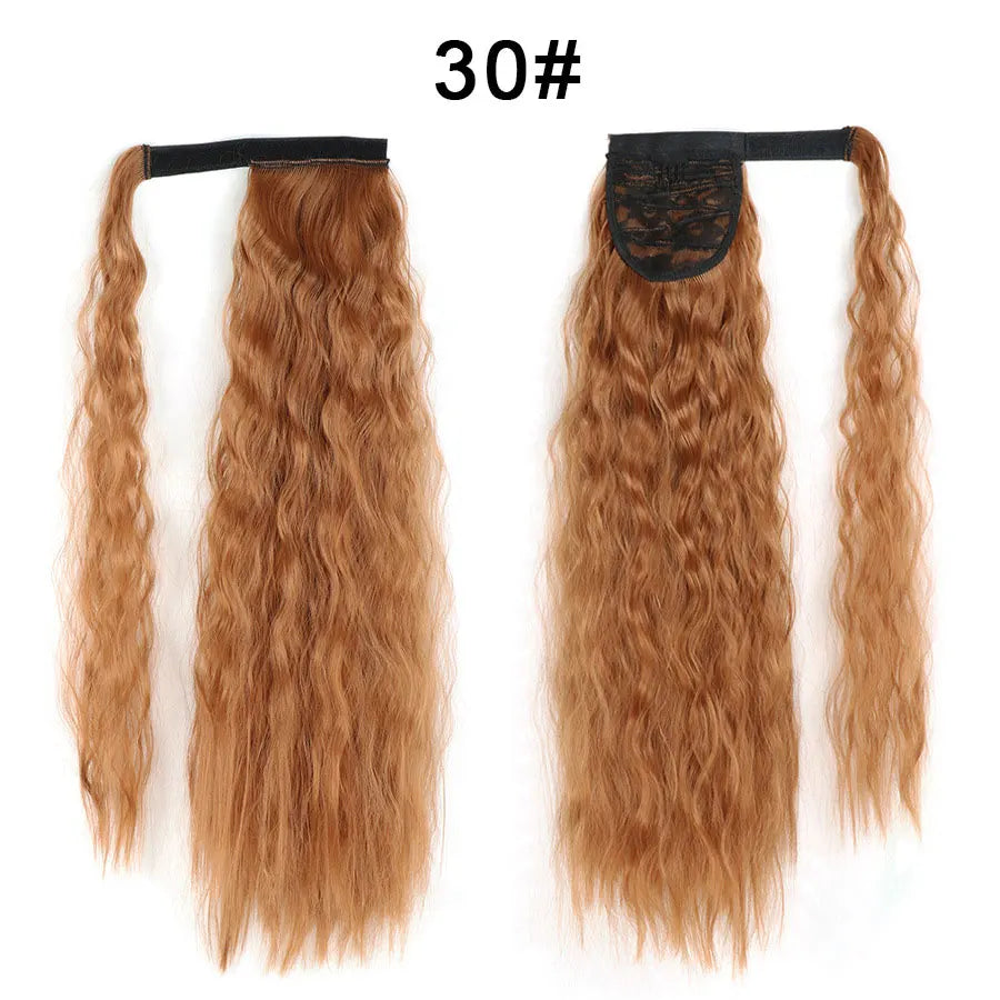 Synthetic Long Corn Wave Ponytail Extension Magic Paste Heat Resistant Wavy Wrap Around Ponytail Black Hairpiece for Women