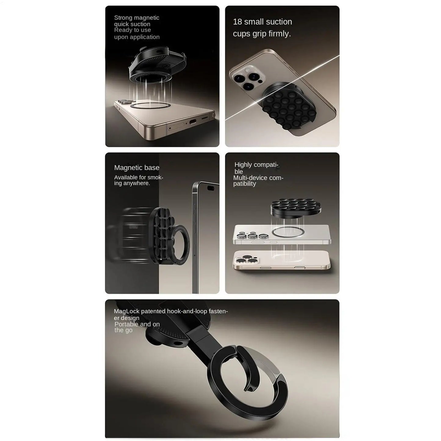 Magnetic Smartphone Desktop Stand With Suction Cup for iPhone Mini Pocket Stand for Glass Windows Laptop 360 Degree Adjustable