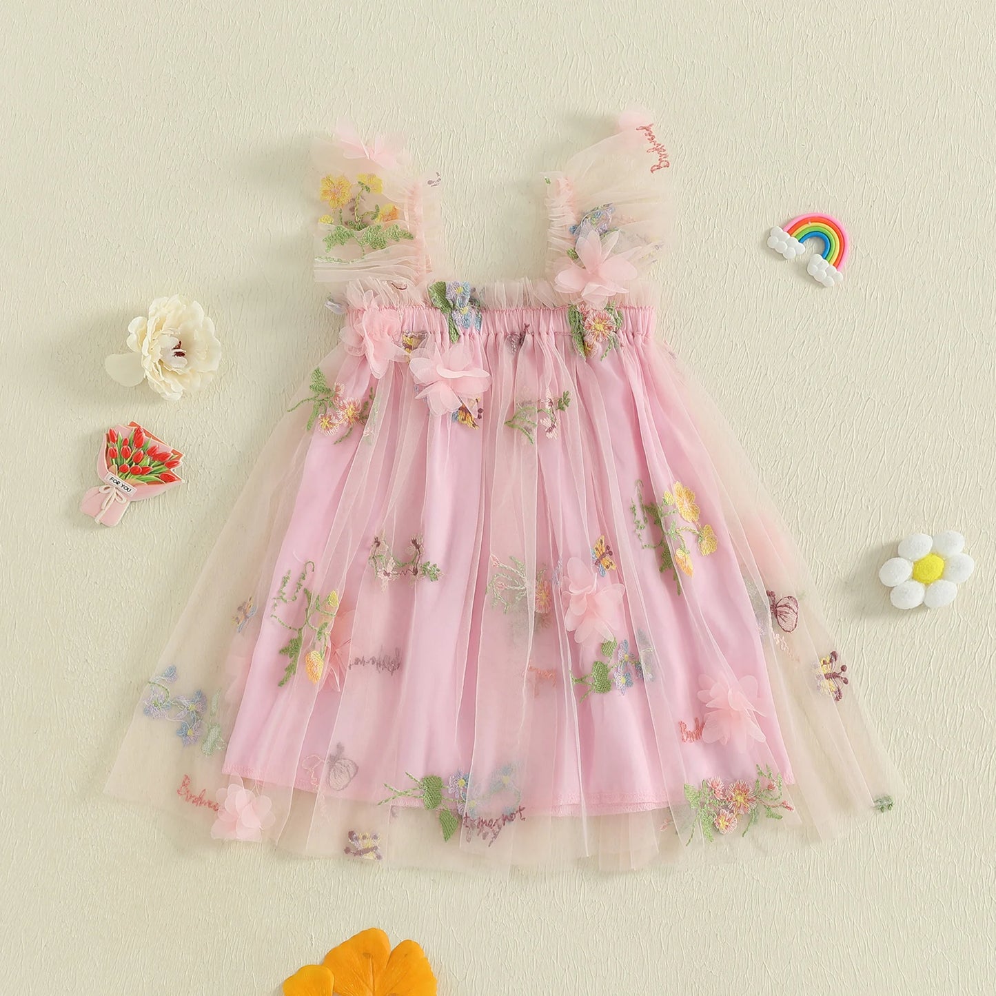 Baby Girl Square Neck Floral Embroidery Lovely Dress Kid Princess Lovely Dress Ruffle Sleeveless Toddler Party Dress Clothes