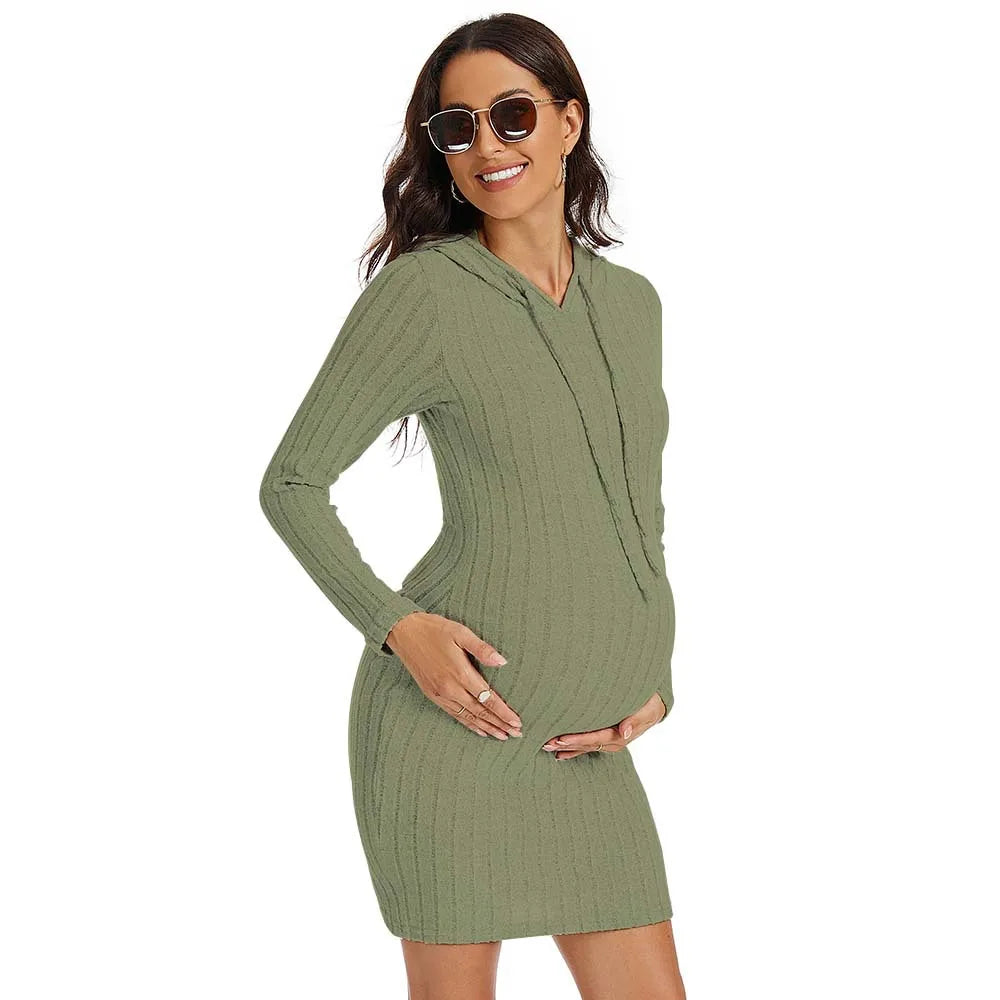 Pregnancy Dresses Relaxation Maternity Clothing Autumn Solid Color Knit Hoodie Daily Dress Close-fitting Skirt Women Clothes
