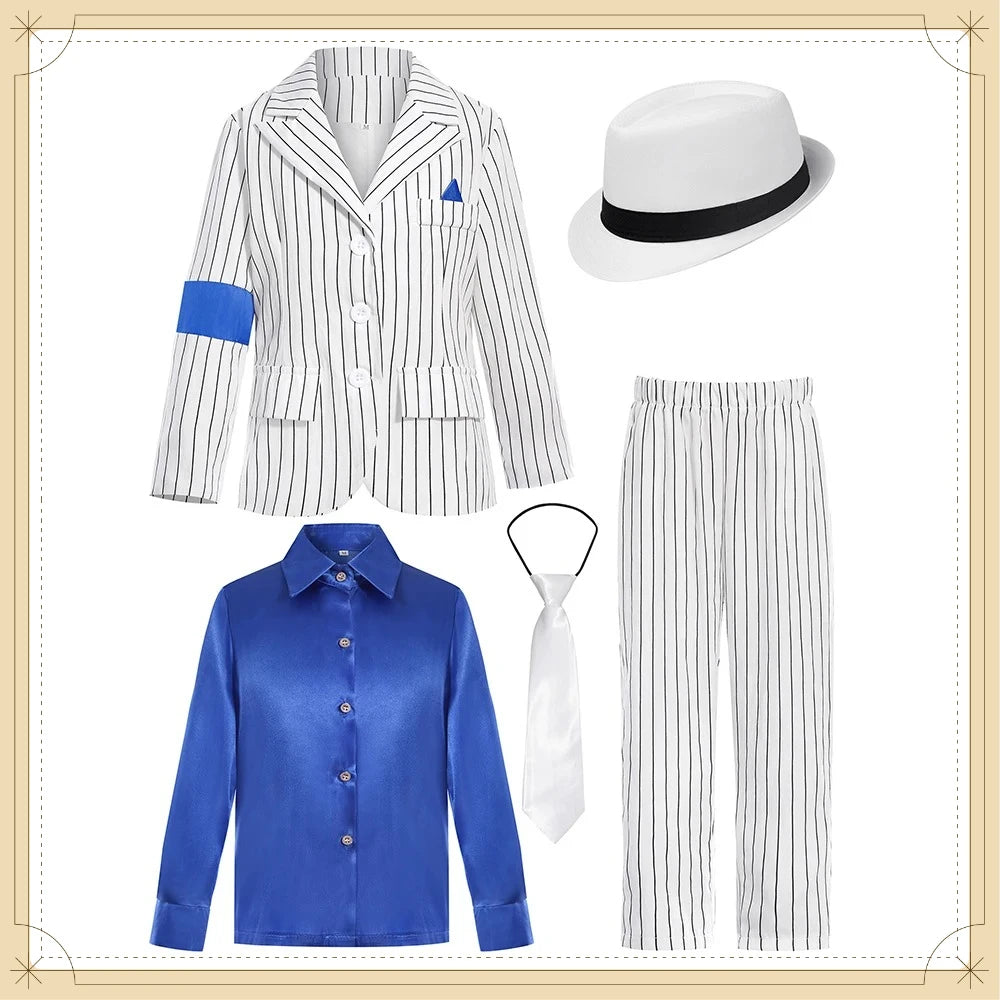 Halloween Carnival Boys Jackson Costume Dancer Singer Moonwalk Stage Outfits 80s Pop Rock Superstar Dress Up White Striped Suit