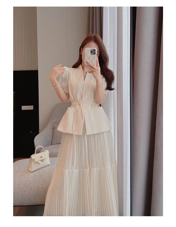 H Han Queen Elegant 2 Piece Office Dress Women Summer Simple Basic A-Line Dresses Short Sleeve Slim Long Casual Party Vestidos