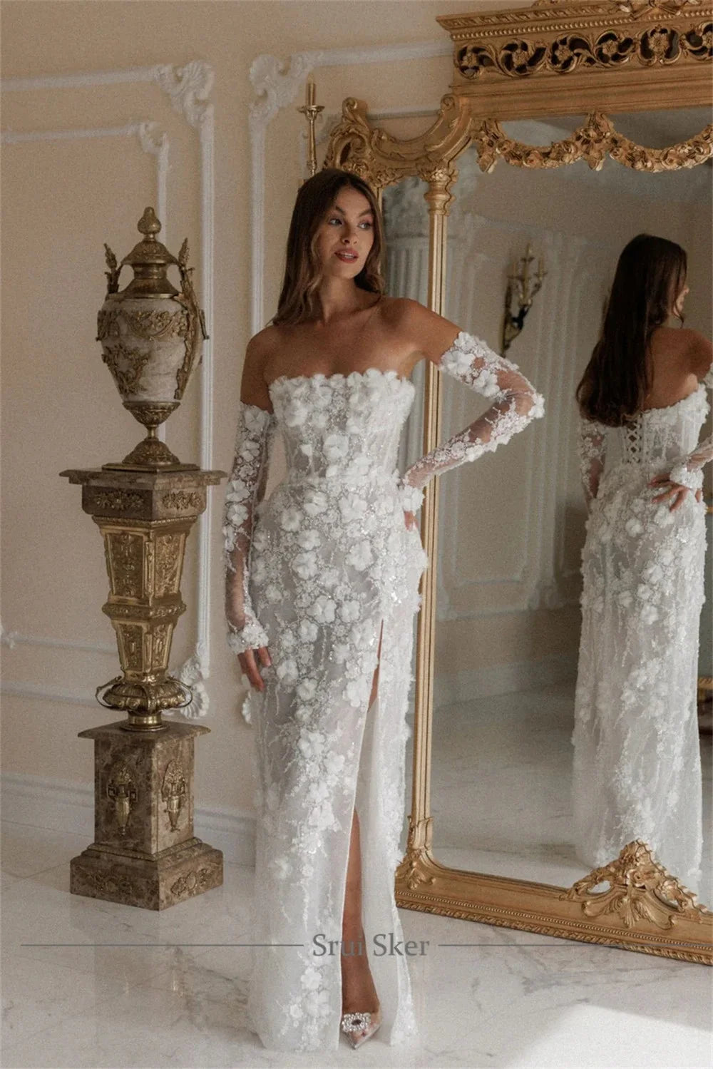 Tokyo Customized White Off the Shoulder Wedding Dress Long Sleeve Side High Split Lace-Up Bridal Gown Floor-Length Wedding Gown