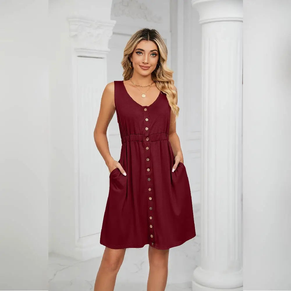 FZCSPEED Women's Sleeveless Midi Dress with Pockets Solid Round Neck Button-embellished Dress Casual Sleeveless Vest Dress