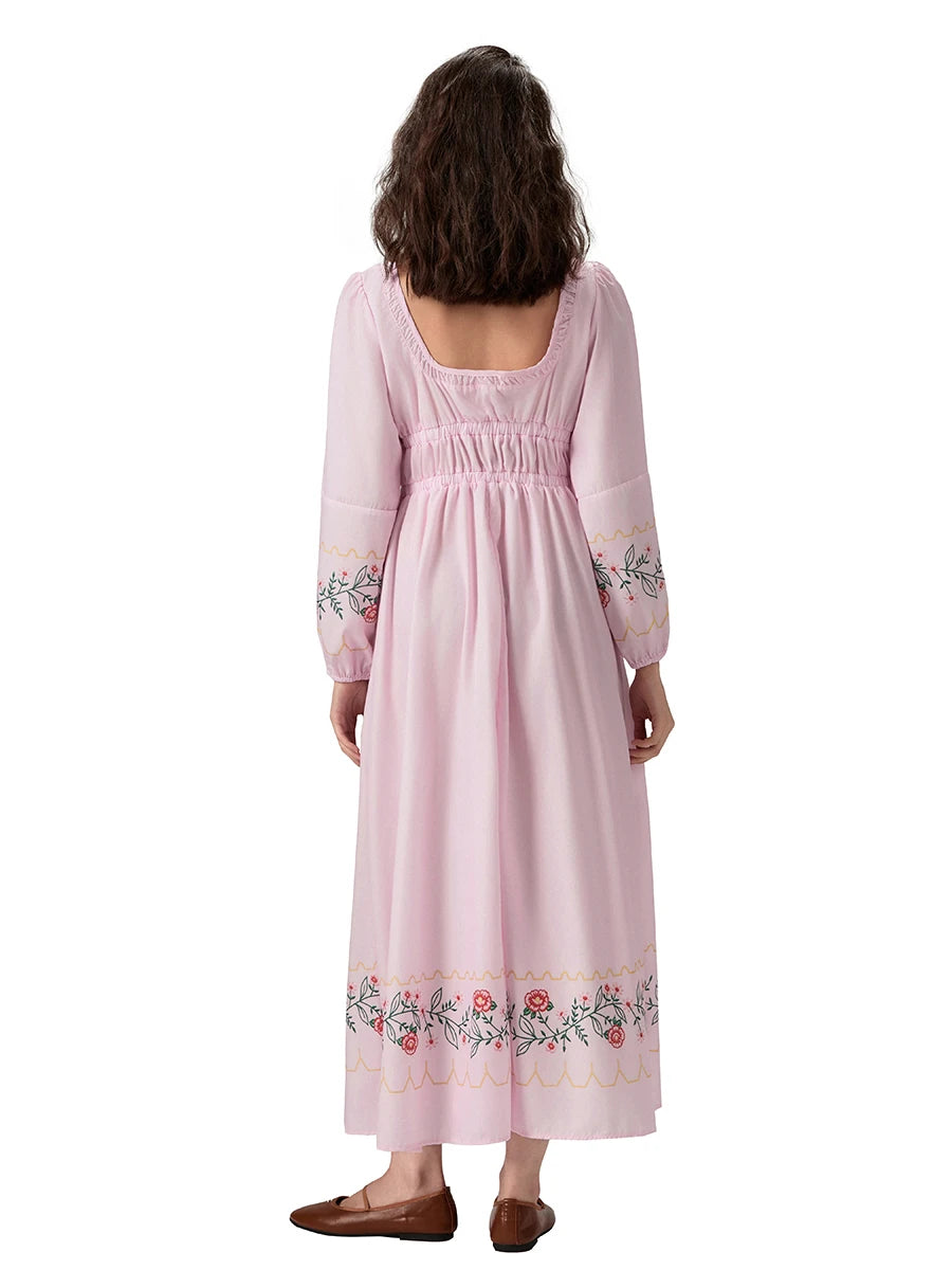 Women's 2024 Summer Boho Square Neck Front Bow Midi Dress Lady Vintage Puff Long Sleeve Plaid Ruffle Backless Maxi Dress