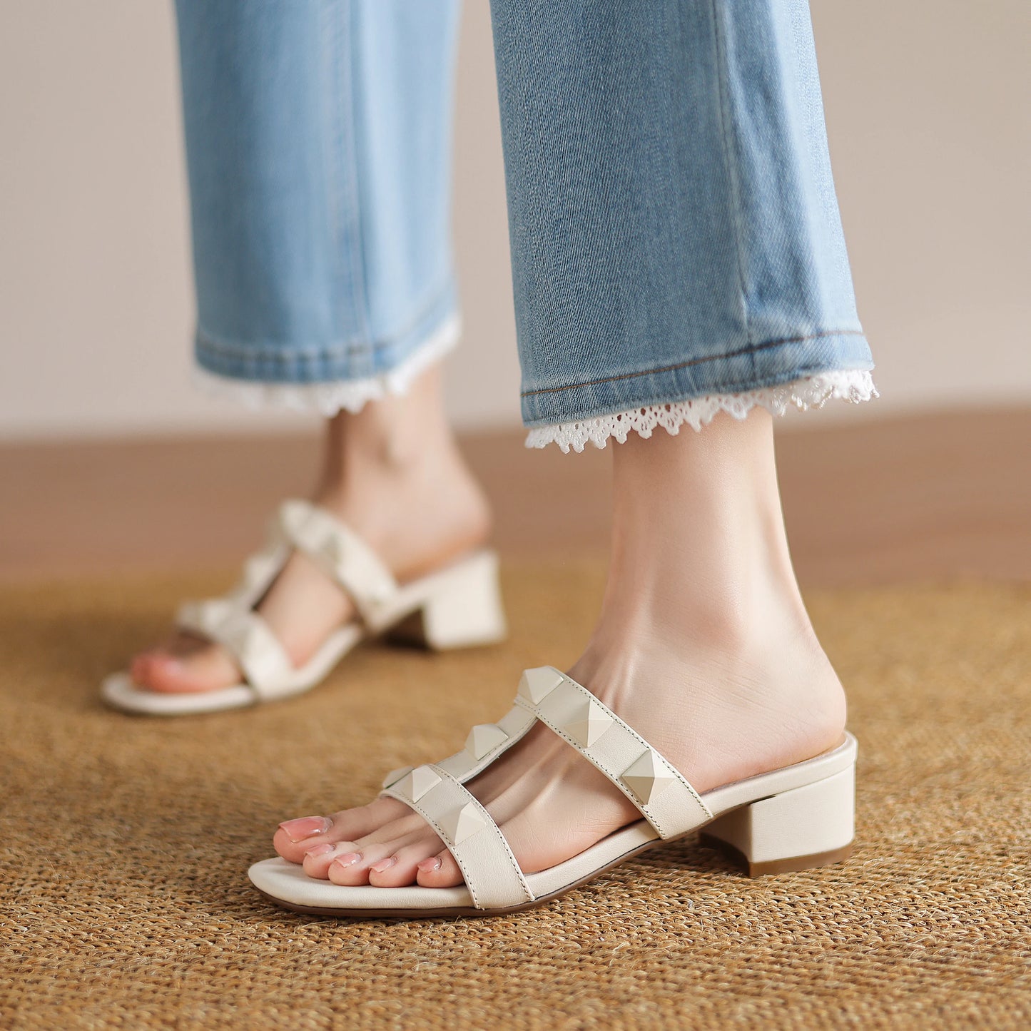 Heeled sandals women's sandals summer  trend luxury Gladiator Genuine Leather Heeled Slippers Rivets Strappy High Heels shoe