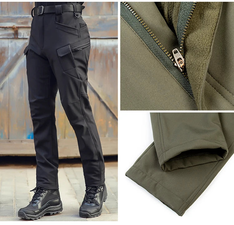 TRVLWEGO Men Winter Waterproof Climbing SkiingTrekking Fleece Fishing Tactical Sharkskin Cargo Pants Camping Hiking Trousers