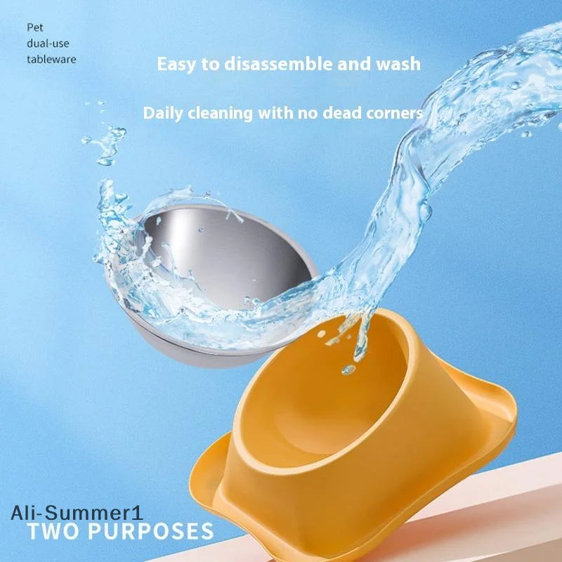 1pc Stainless Steel Double Cat Dog Bowl Cat Food Container Non-slip Base Pet Water Feeder Tilt Safeguard Neck Puppy Cats Bowls