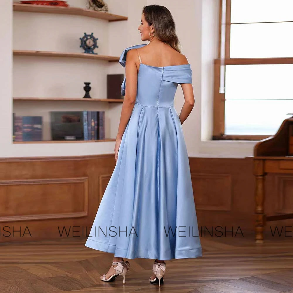 Modern Women's Cocktail Dresses Satin A-line Wedding Guest Dress Sky Blue One-shoulder Bow Pleat Ruched Mother of the Bride Gown