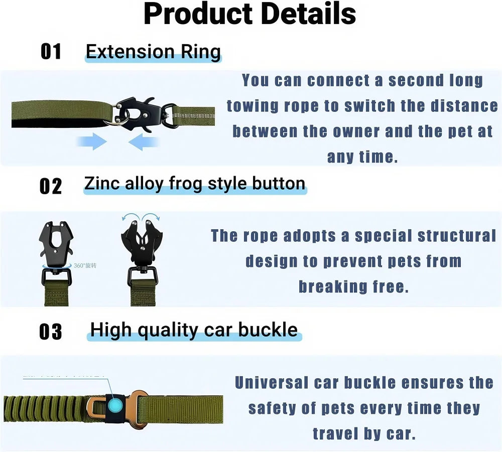 Tactical Dog Leash Heavy Duty, 20-25Inch Bungee Dog Leash, Training Walking Bungee Lead with Heavy Duty Frog Clip Car Seatbelt f