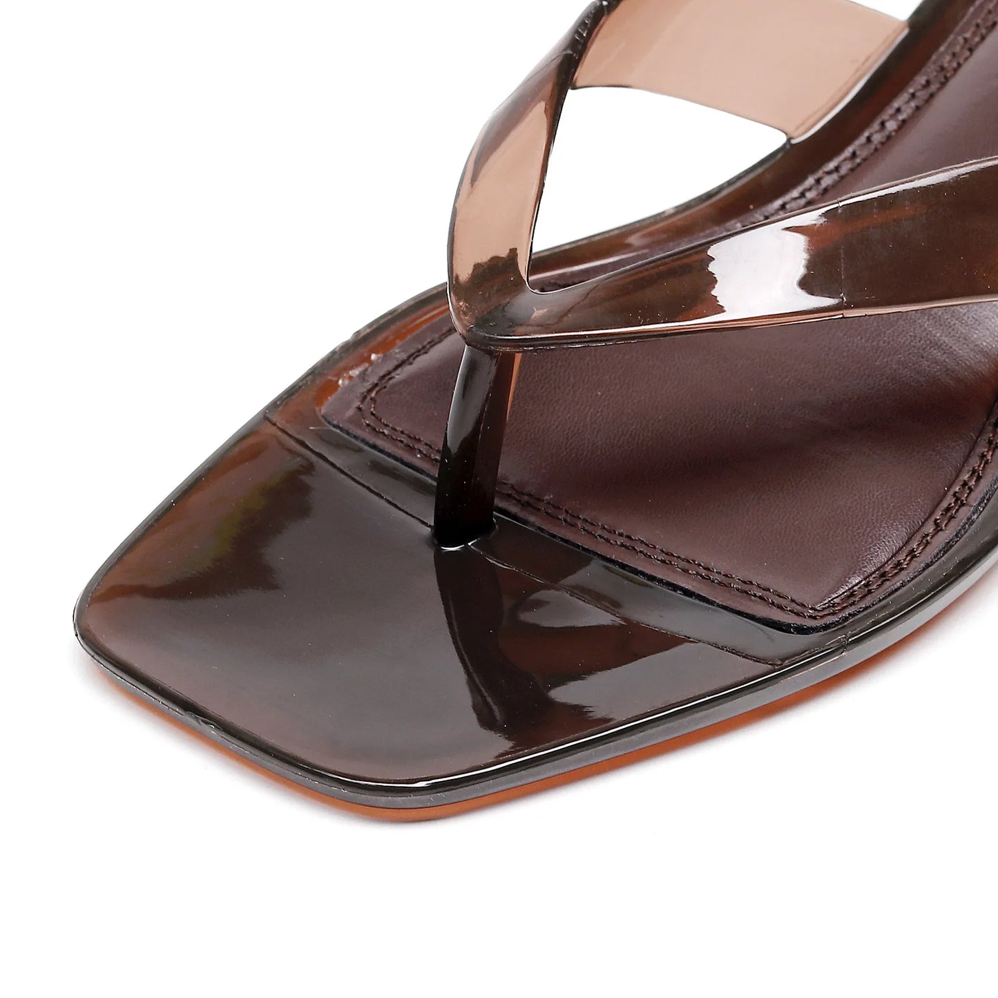 Vacation Elegant Kitten Heel Thong Sandals, Square Toe Clear Brown Jelly Flip Flops, Women Summer Comfortable Beach Party Shoes