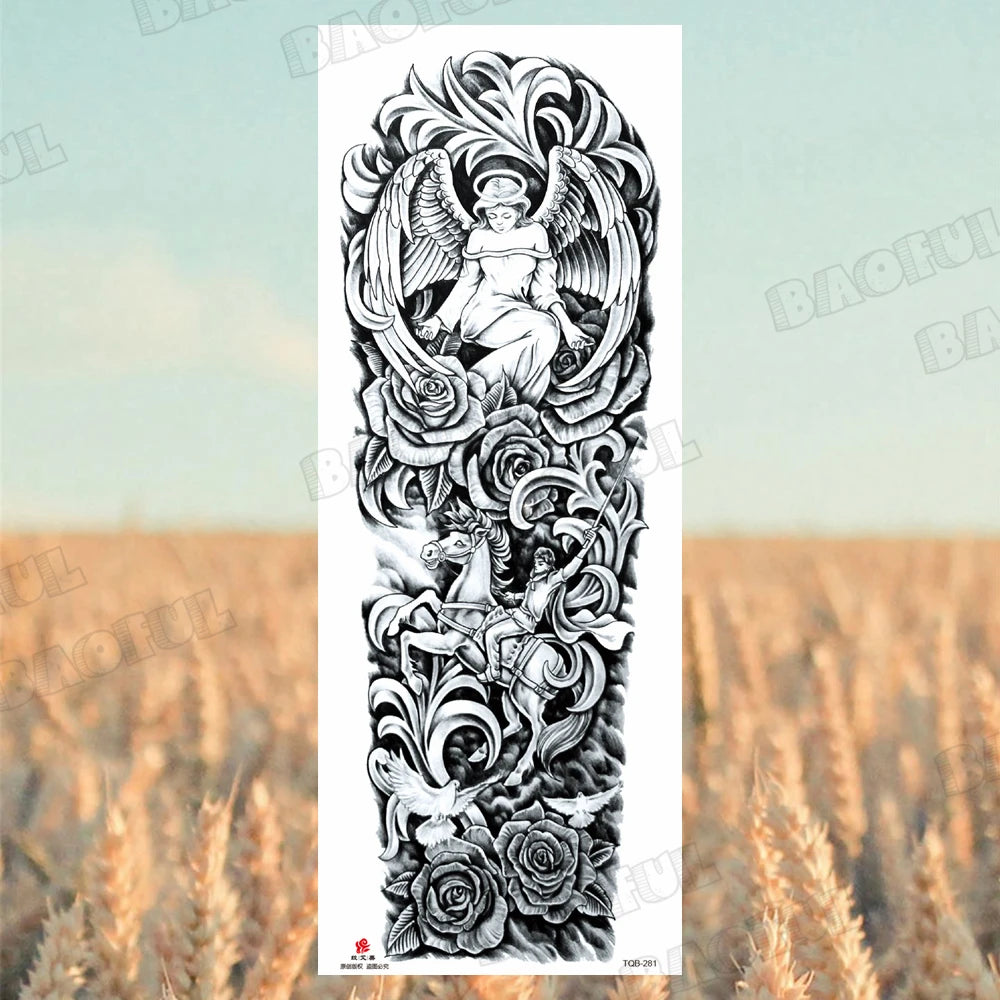BAOFUL Full Arm Sleeve Temporary Tattoos For Women Men Realistic Wolf Lion Warrior Maori Fake Tattoo Stickers Thigh Leg Tatoos