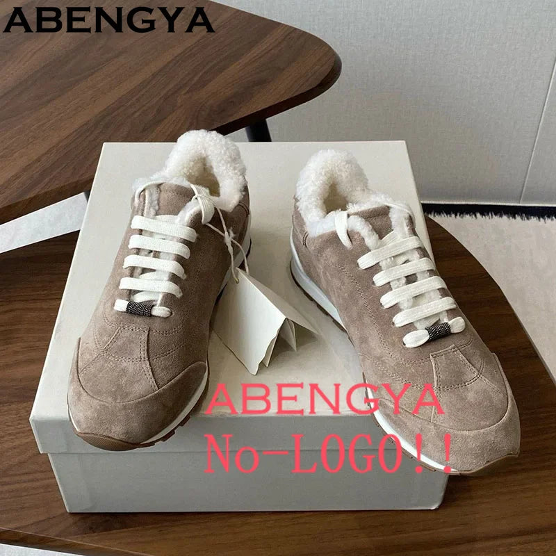 New Winter Wool Sneakers Women Suede Leather Lace Up Flat Casual Shoes For Women Mules Round Toe Bead Walk Fur Shoes Ladies