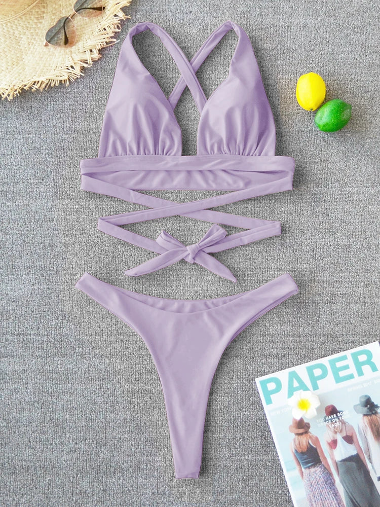 Sexy Bikini 2025 Solid Swimsuit Female Swimwear Women Push Up Bikini Set Cross Bandage Bathing Suit Beach Wear Swimming Suit