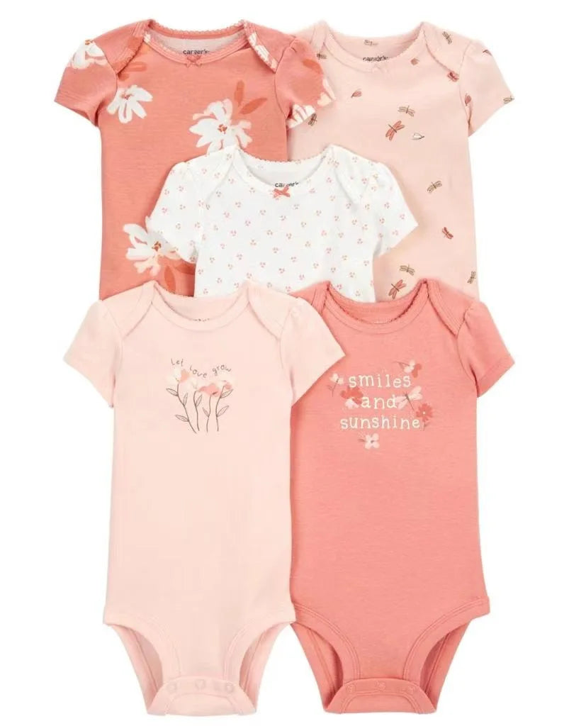 Summer Baby Romper 5pcs Set, Newborn Short Sleeve Onesies, Unisex Infant Bodysuit,  Cotton Sling, 0-1Y