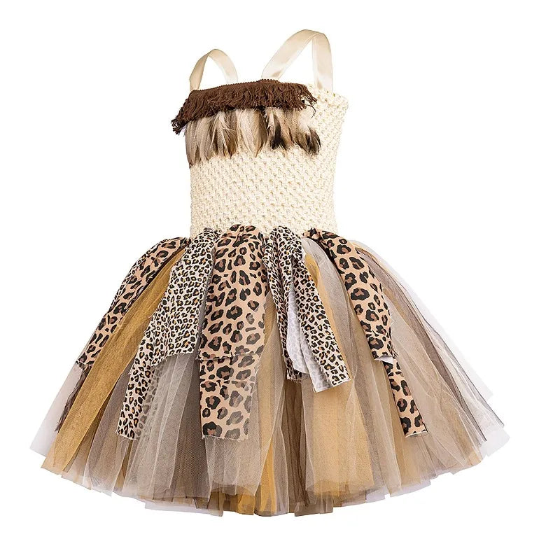 Kids Caveman Primitive Style Tutu Dress Aboriginal Indian Savage Theme Outfit Halloween Carnival Stage Performance Party Clothes
