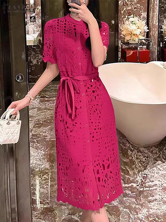 ZANZEA Elegant Lace Sundress Women Vintage Lace-Up Office Dress 2025 Summer Solid Hollow Out Vestidos A-Line CasualRobe Femme